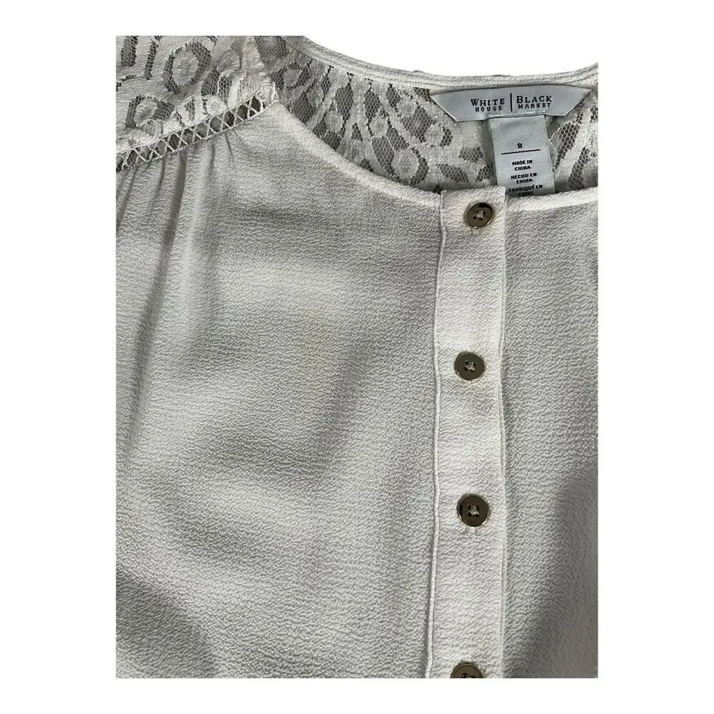 White House Black Market Size 8 White Lace Sheer Sleeves Pheasant Blouse Button - Picture 8 of 12